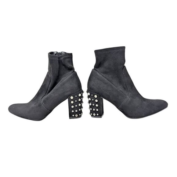 Steve Madden Yvette 7.5M Pearl Stud Block Heel Booties Sock Boots Black Suede - Picture 3 of 12